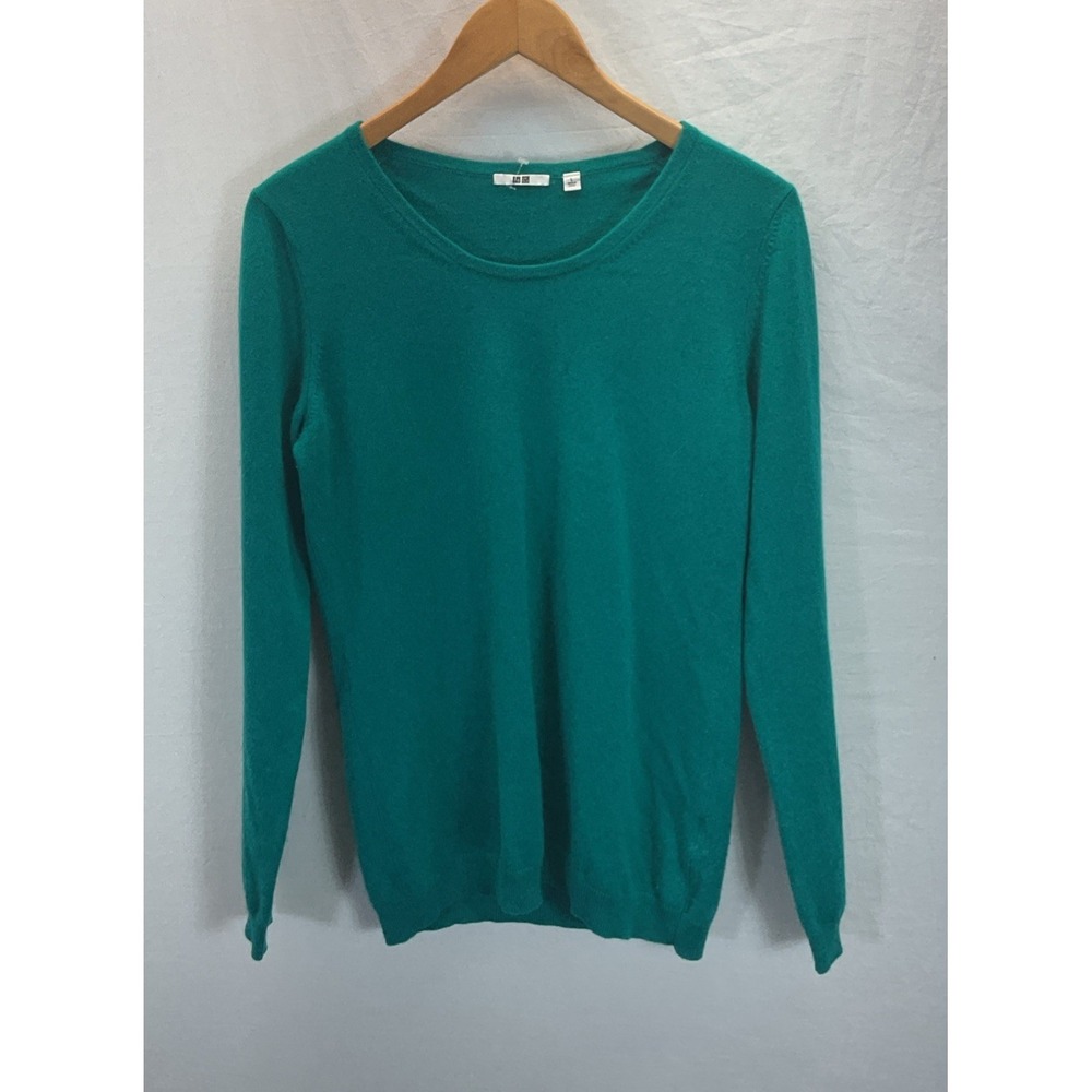 UNIQLO Women's Round‎ Neck 100% CASHMERE Turquoise Sweater Sz L Quiet Luxury